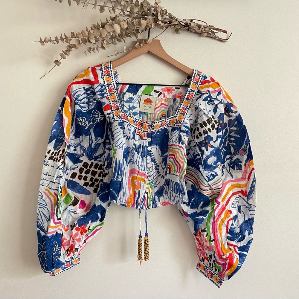 Farm Rio Wild Brazil Cotton Crop Top Drawstring Button Front Multicolor NWT XS - Picture 6 of 16
